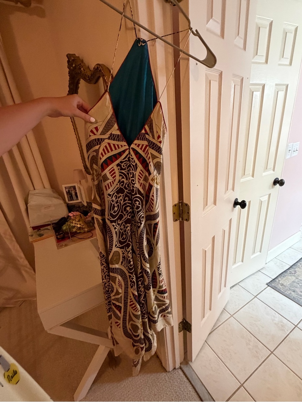 Nicole Miller Teal and Multi-Pattern Strapless Maxi Dress